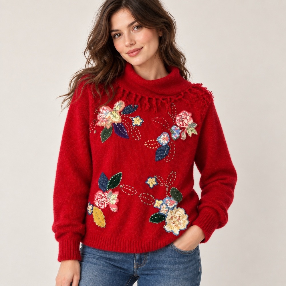 Vintage Koret City Blues Sweater Red Floral Applique Cowl Neck Sweater Women's M